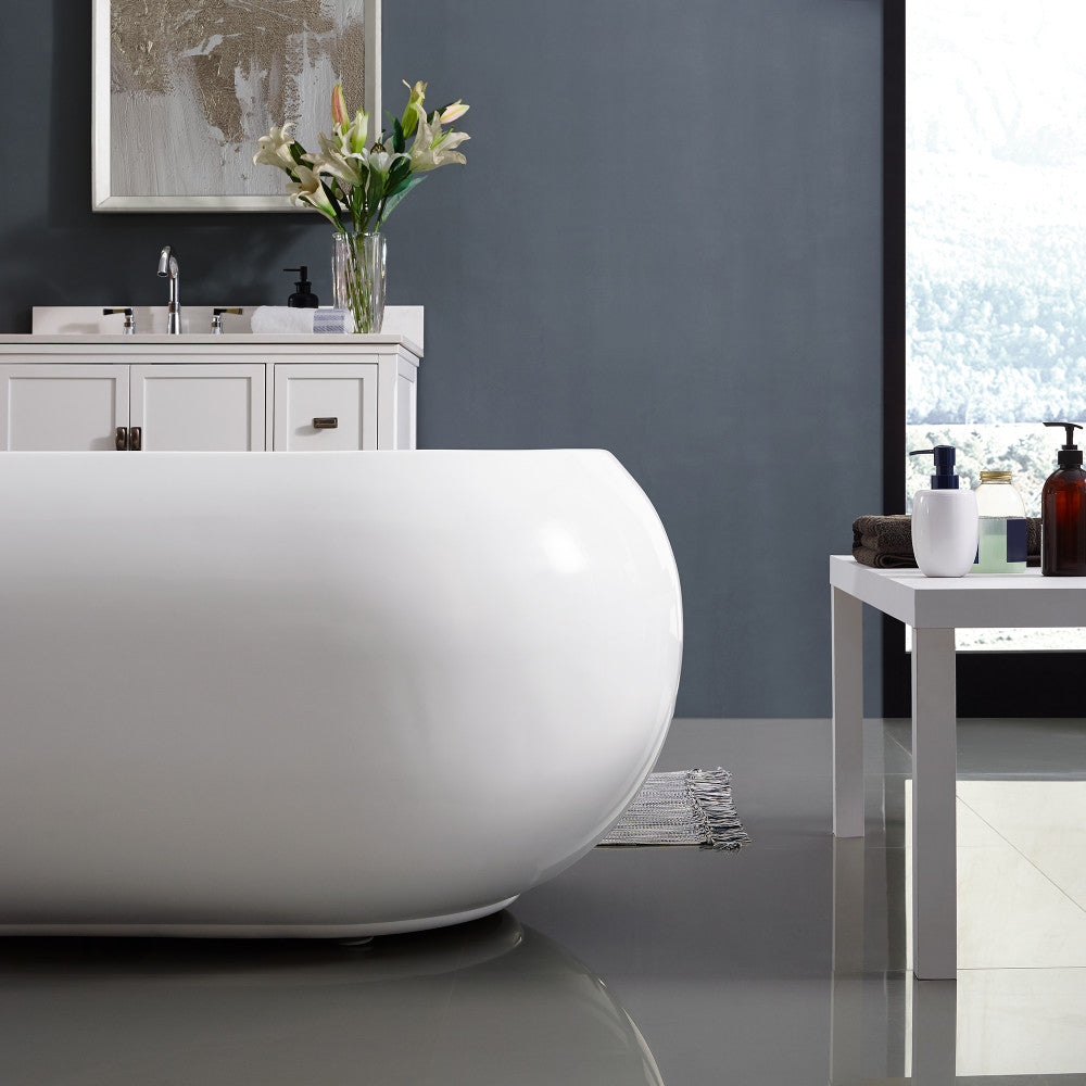 Freestanding soaking bathtub 63 inch, smooth oval design, center drain.