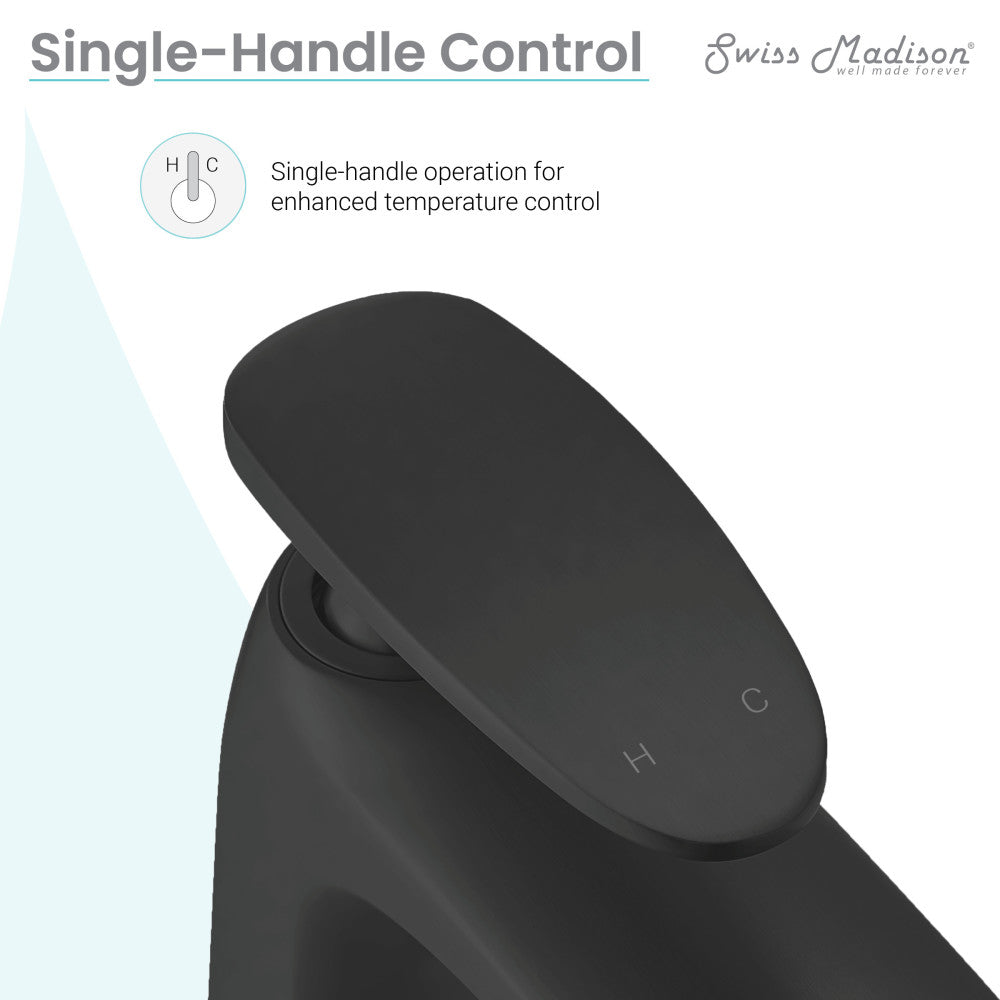 Single-handle bathroom faucet in matte black, high arc design.