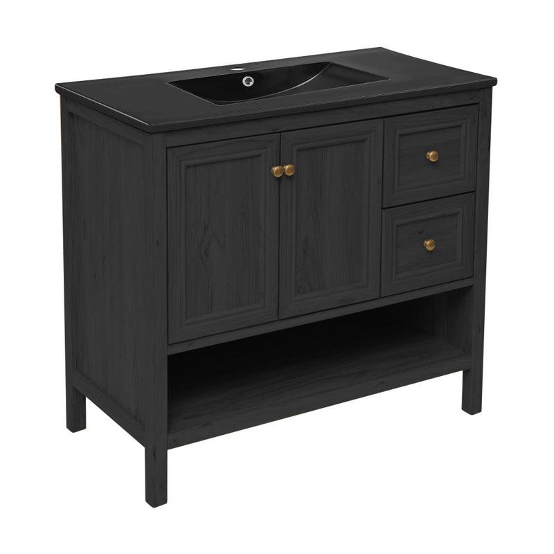 Château 36" Freestanding Bathroom Vanity in Black Oak with Black Sink Top