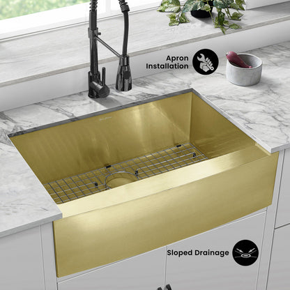 Rivage 30 x 21 Stainless Steel, Single Basin, Farmhouse Kitchen Sink with Apron in Gold