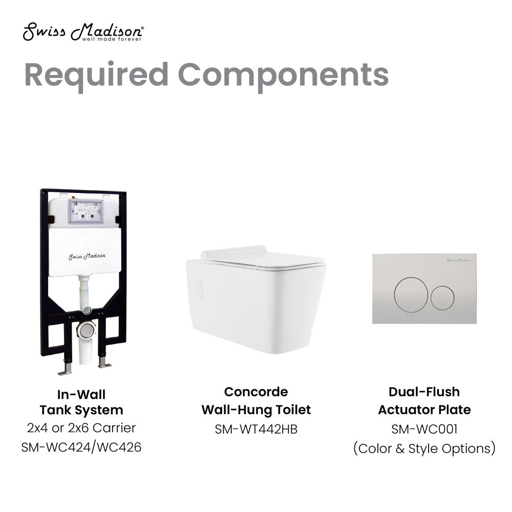 Elongated wall-hung toilet bowl in white with concealed tank system and dual-flush actuator plate.
