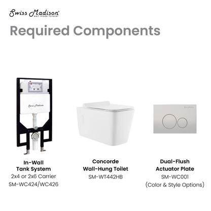 Elongated wall-hung toilet bowl in white with concealed tank system and dual-flush actuator plate.