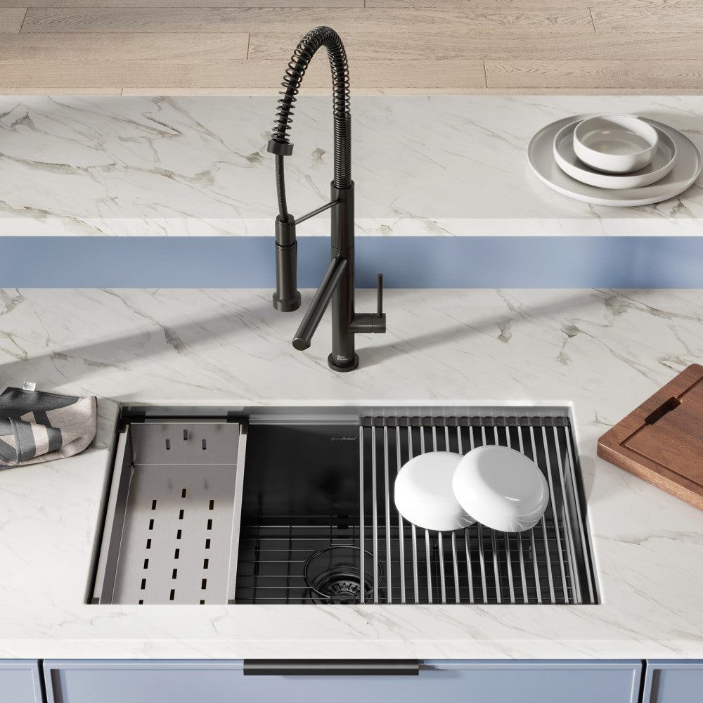 Tourner 30 x 19 black stainless steel undermount single basin kitchen workstation sink with accessories.