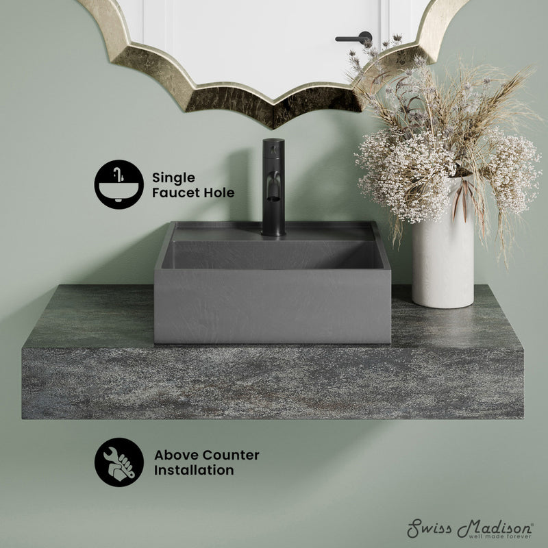 Lisse 16" Square Concrete Vessel Bathroom Sink in Dark Grey