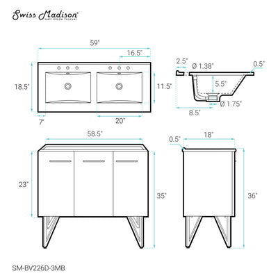 Annecy 60 in. Black Walnut, Double Basin Bathroom Vanity With Black, 3-Hole Artificial Stone Sink Top