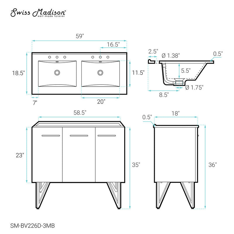 Annecy 60 in. Black Walnut, Double Basin Bathroom Vanity With Black, 3-Hole Artificial Stone Sink Top