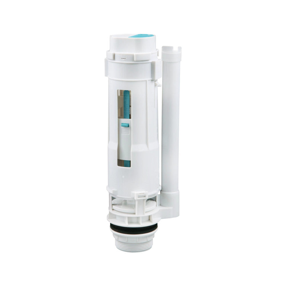 White plastic Calice flush valve replacement part for toilets with adjustable height mechanism.