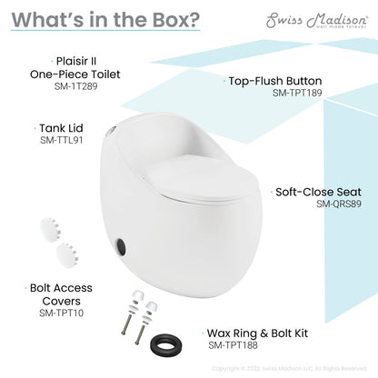 Round one-piece toilet with top flush button and soft-close seat.