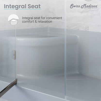 60" x 32" gray single threshold shower base with left hand drain and integral right hand seat.
