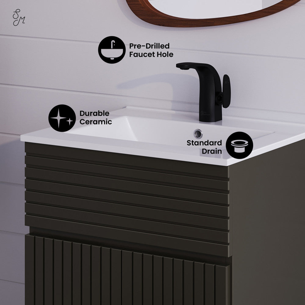 24-inch freestanding bathroom vanity in cedar gray with single sink and soft-close doors.
