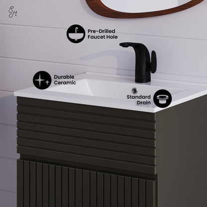 24-inch freestanding bathroom vanity in cedar gray with single sink and soft-close doors.