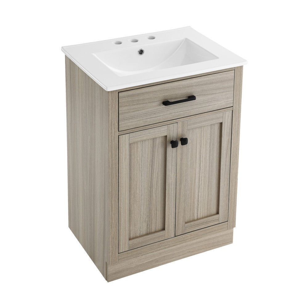 Burdon 24 in. Brown Oak Bathroom Vanity With White, 3-Hole Ceramic Sink Top