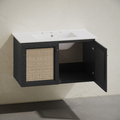 Classe 36" Wall-Mounted Bathroom Vanity in Black Oak with Widespread Faucet Holes Vanity Top