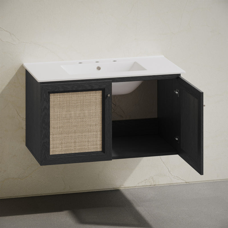 Classe 36" Wall-Mounted Bathroom Vanity in Black Oak with Widespread Faucet Holes Vanity Top
