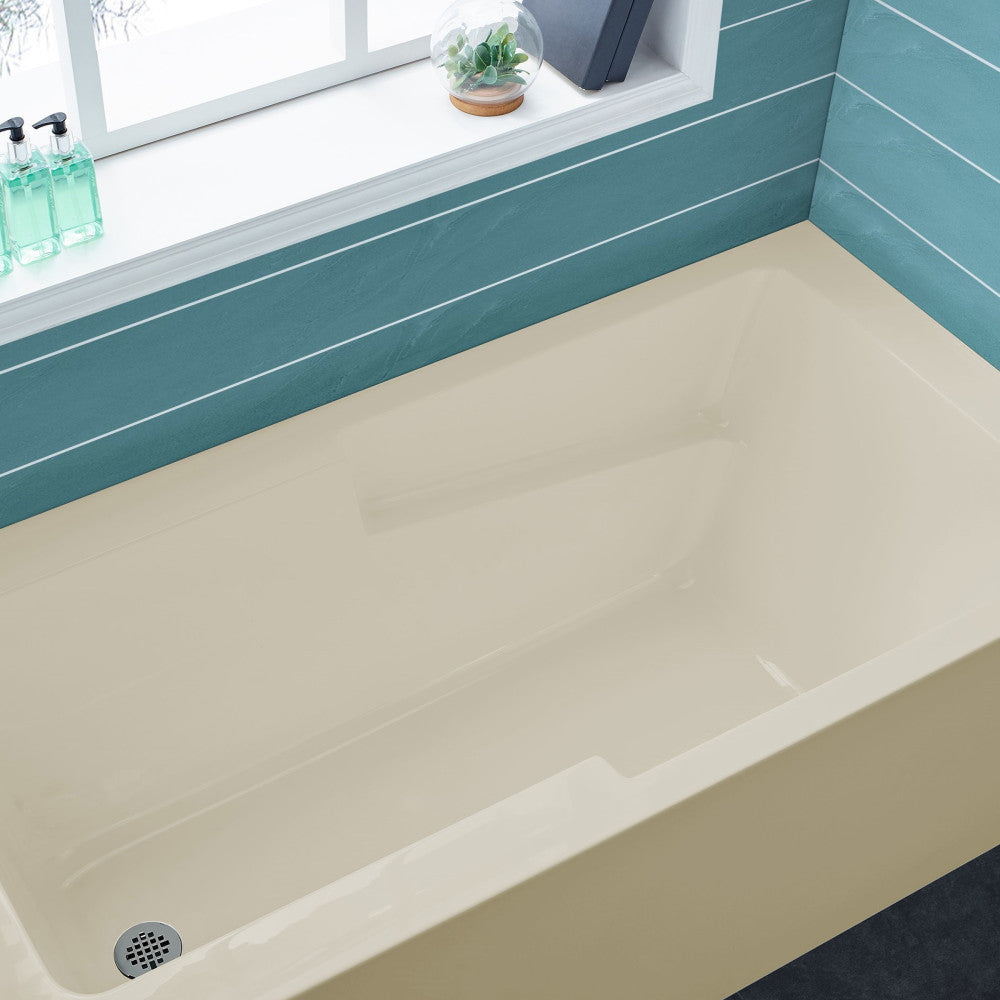 Alcove skirted bathtub 54 inch in bisque with left-hand drain and apron front.