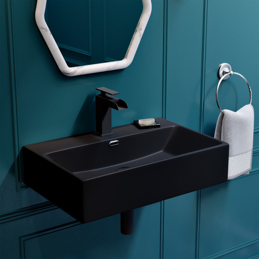24" rectangular wall-mount bathroom sink in matte black with sleek modern design and integrated faucet hole.