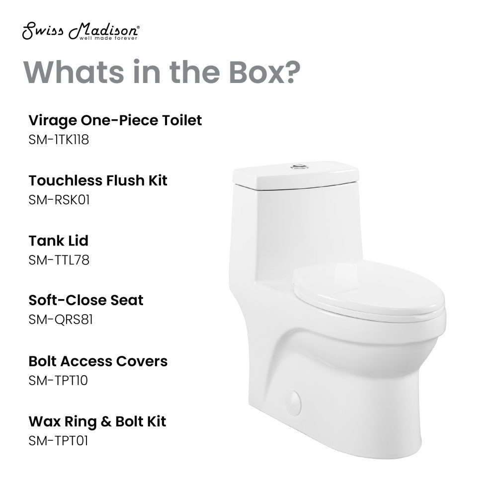 Elongated one-piece toilet with touchless dual flush and soft-close seat.