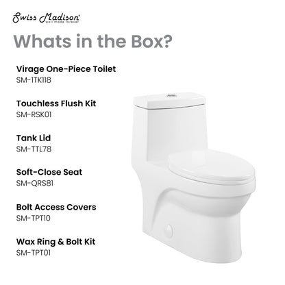 Elongated one-piece toilet with touchless dual flush and soft-close seat.