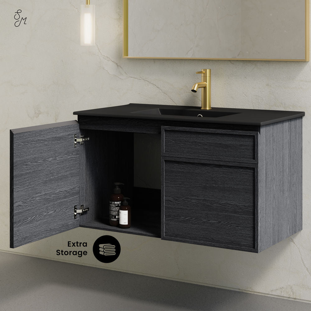 St. Tropez 36" Wall-Mounted Bathroom Vanity in Black Oak with Black Sink Top