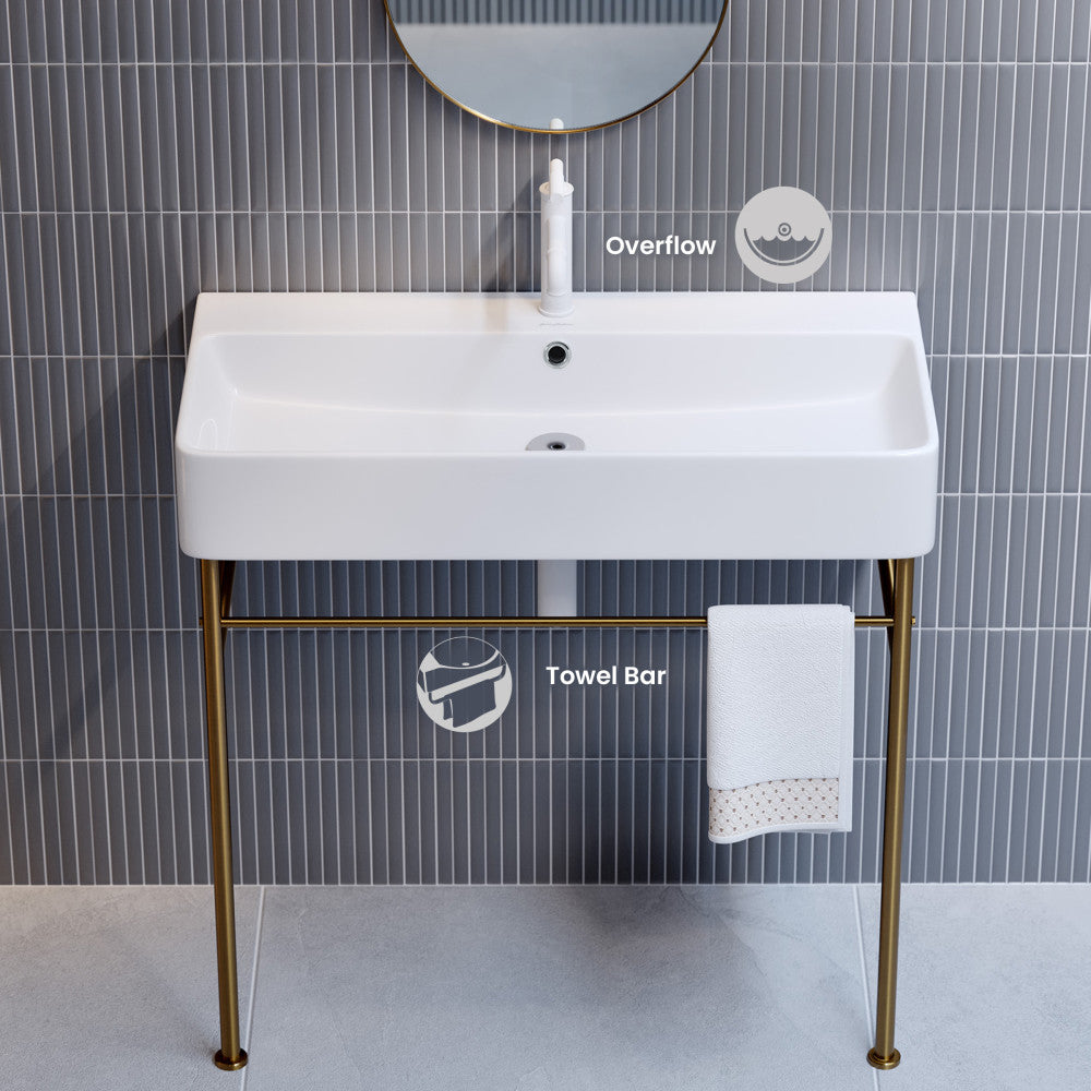 Carre 36 Ceramic Console Sink White Basin Brushed Gold Legs