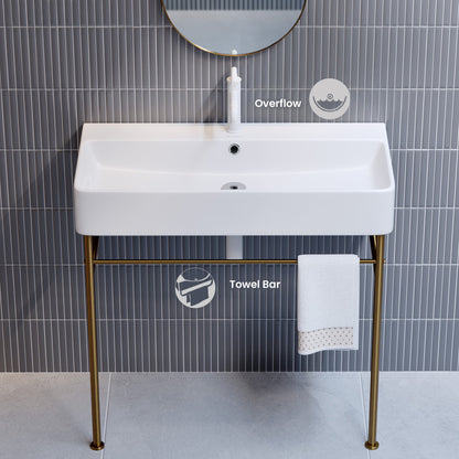 Carre 36 Ceramic Console Sink White Basin Brushed Gold Legs