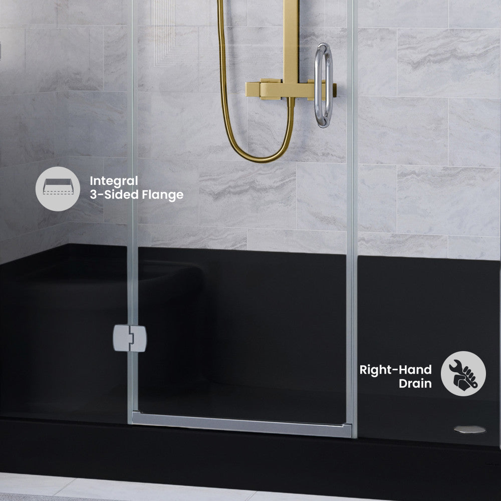 Aquatique 60" x 32" Right Drain, Shower Base in Matte Black