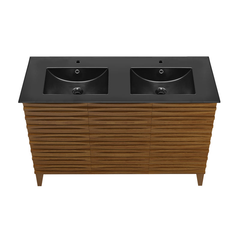 Cascade 48 in. Brown Oak, Double Basin Bathroom Vanity With Black Ceramic Sink Top