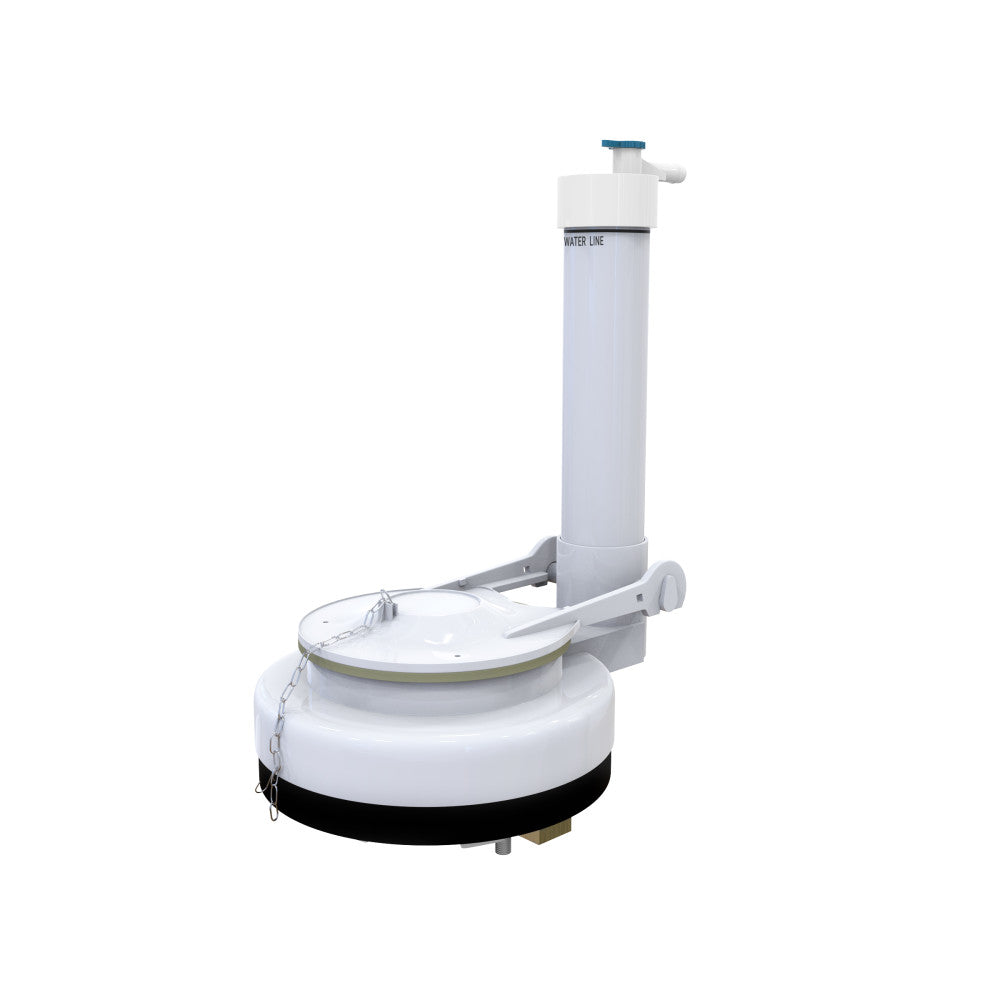 Daxton flush valve in white plastic with adjustable fill valve and lever arm mechanism.
