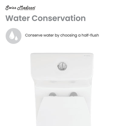 Elongated one-piece toilet in white, dual flush button on top of tank.