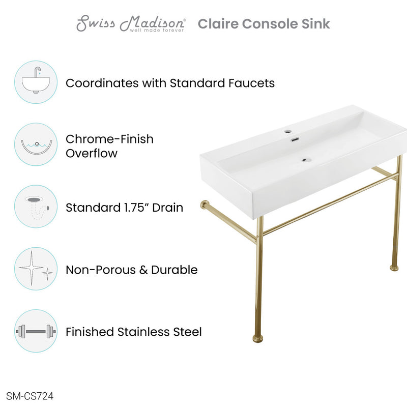 Claire 40 Ceramic Console Sink White Basin Gold Legs