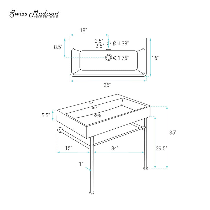 Carre 36 Ceramic Console Sink White Basin Matte White Legs