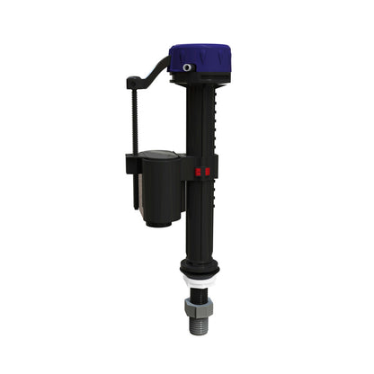 Voltaire fill valve in black and purple, toilet replacement part with adjustable float mechanism.