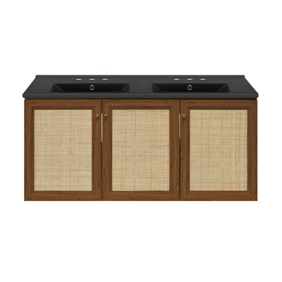 Classe 48" Wall-Mounted Bathroom Vanity in Brown Oak with Black 3-Hole Widespread Double Basin Sink Top