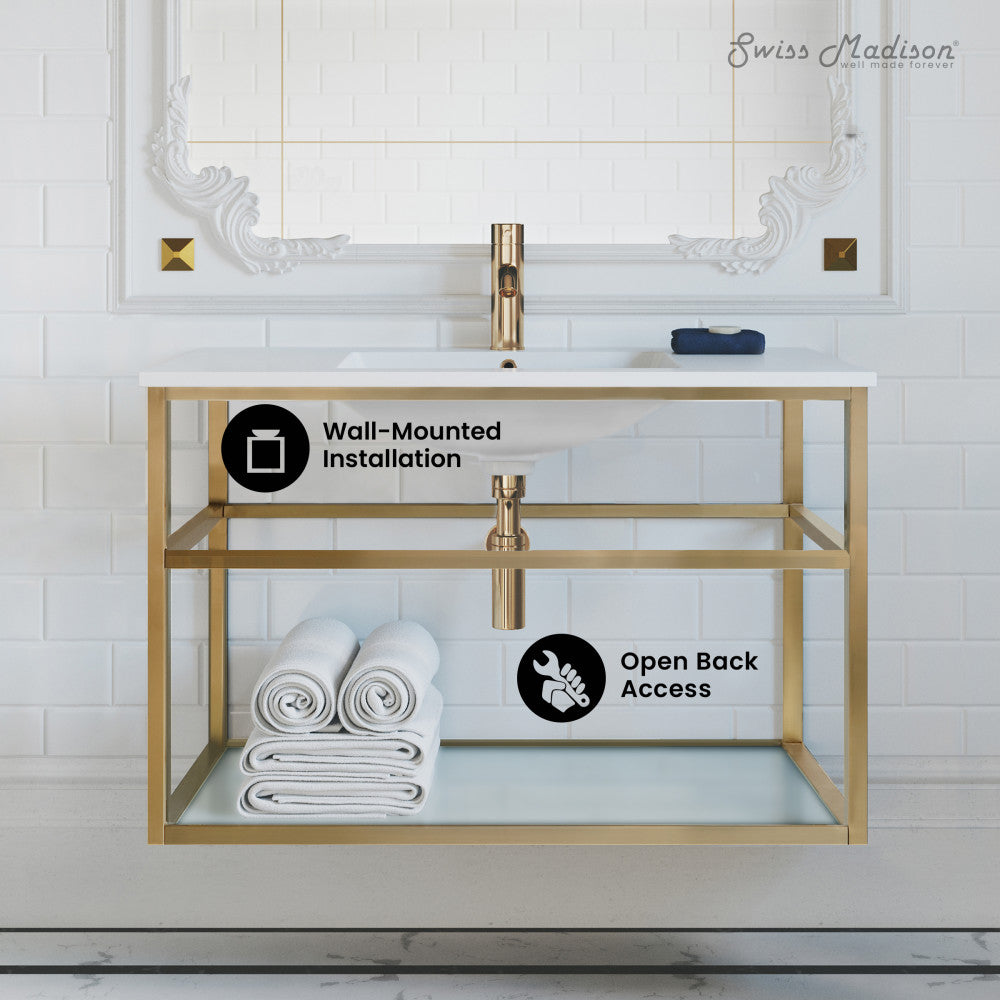 Pierre 36" Open Shelf Gold Frame Wall-Mounted Bathroom Vanity with Sink Top