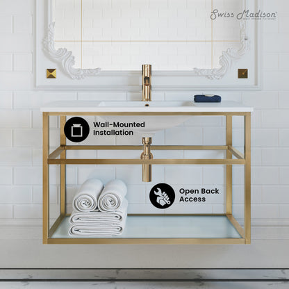 Pierre 36" Open Shelf Gold Frame Wall-Mounted Bathroom Vanity with Sink Top