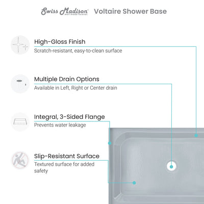Voltaire 60" x 36" Single-Threshold, Right-Hand Drain, Shower Base in Grey