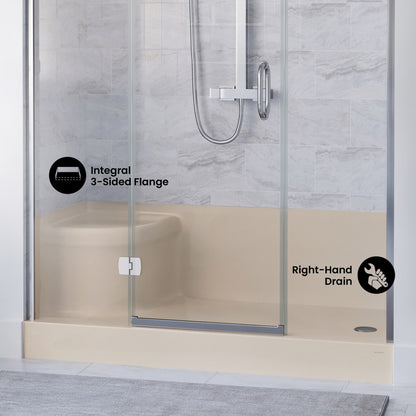 Aquatique 60" x 32" Single Threshold Shower Base With Right Hand Drain and Integral Left Hand Seat in Biscuit