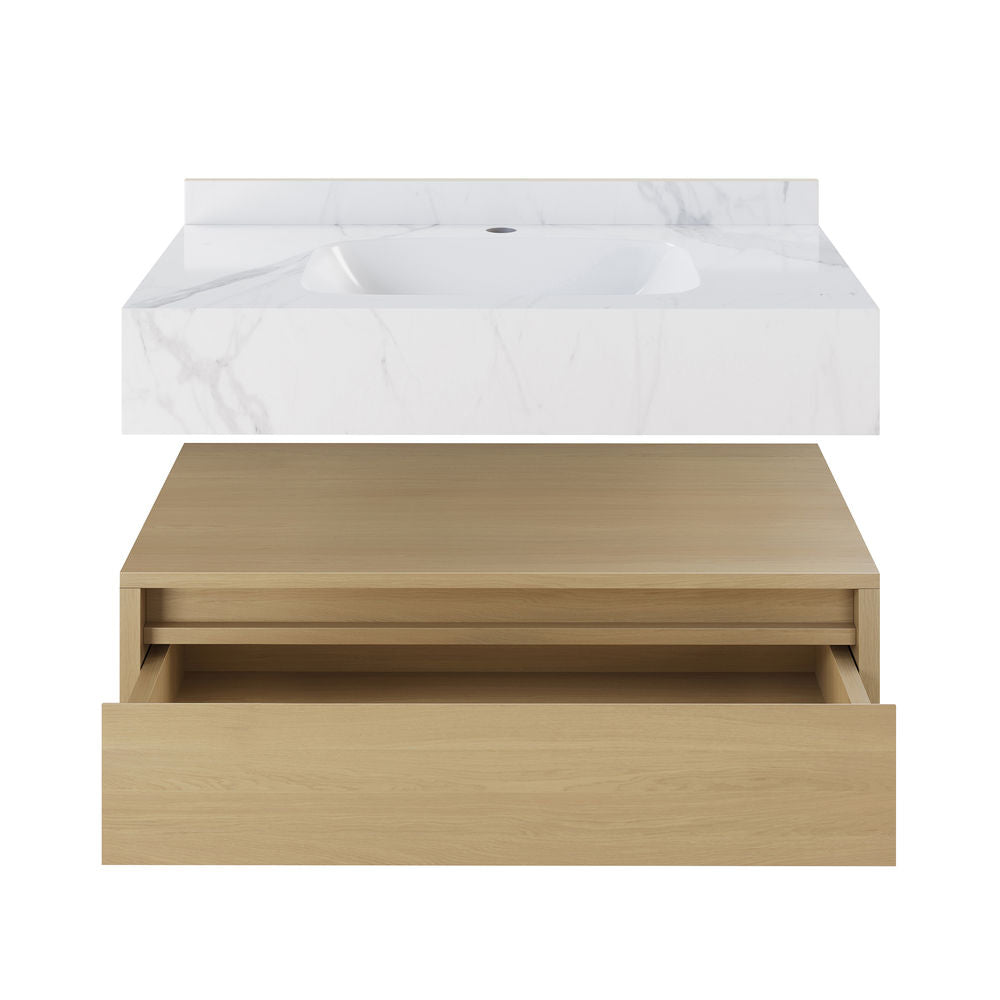 Avancer 36" Wall-Mounted Bathroom Vanity in Natural Oak with White Marble Sink Top