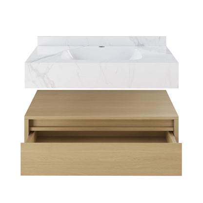 Avancer 36" Wall-Mounted Bathroom Vanity in Natural Oak with White Marble Sink Top