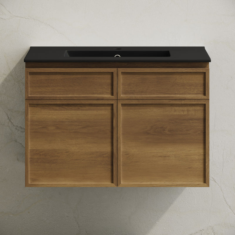 St. Tropez 30" Wall-Mounted Bathroom Vanity in Brown Oak with Black Sink Top