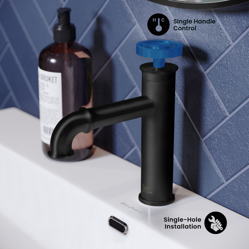 Avallon Single Hole, Single-Handle Wheel, Bathroom Faucet in Matte Black with Blue Handle
