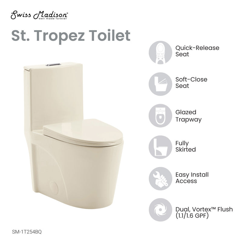 St. Tropez One Piece Elongated Toilet Dual Vortex Flush 1.1/1.6 gpf in Bisque