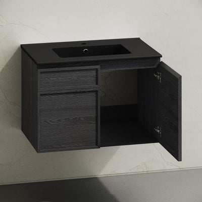 St. Tropez 30" Wall-Mounted Bathroom Vanity in Black Oak with Black Sink Top
