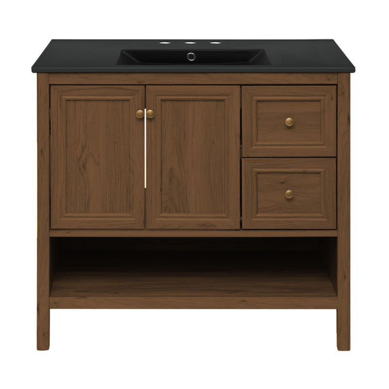 Château 36" Freestanding Bathroom Vanity in Brown Oak with Black 3-Hole Widespread Sink Top