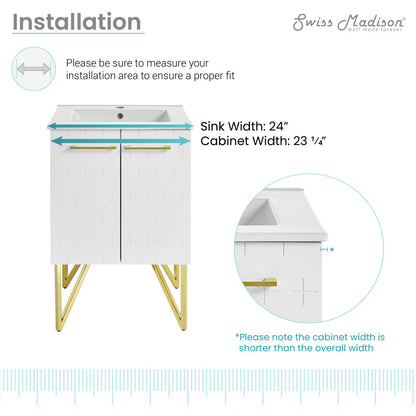 24-inch freestanding bathroom vanity in galaxy white with single sink and gold metal legs.