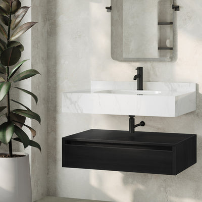 Avancer 36" Wall-Mounted Bathroom Vanity in Black Oak with White Marble Sink Top