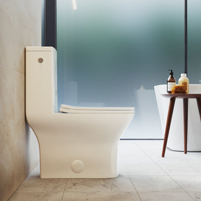 Elongated one-piece square toilet with dual-flush and touchless feature in white ceramic.