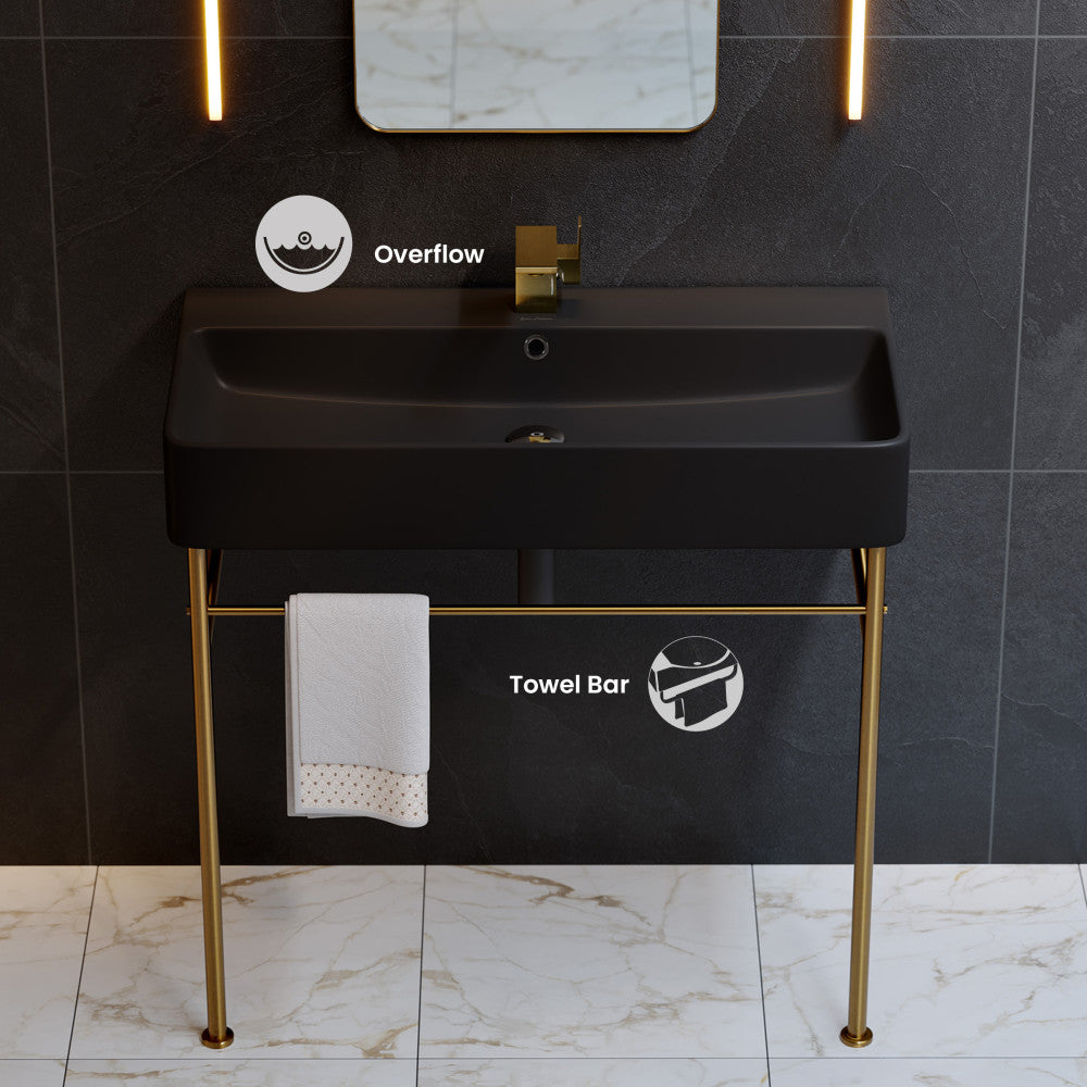 Carre 36 Ceramic Console Sink Matte Black Basin Brushed Gold Legs