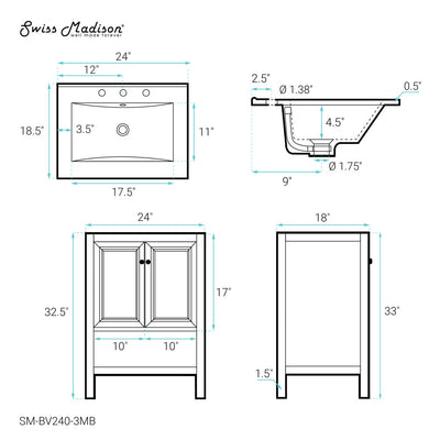 Château 24" Freestanding Bathroom Vanity in Golden Oak with Black 3-Hole Centerset Sink Top