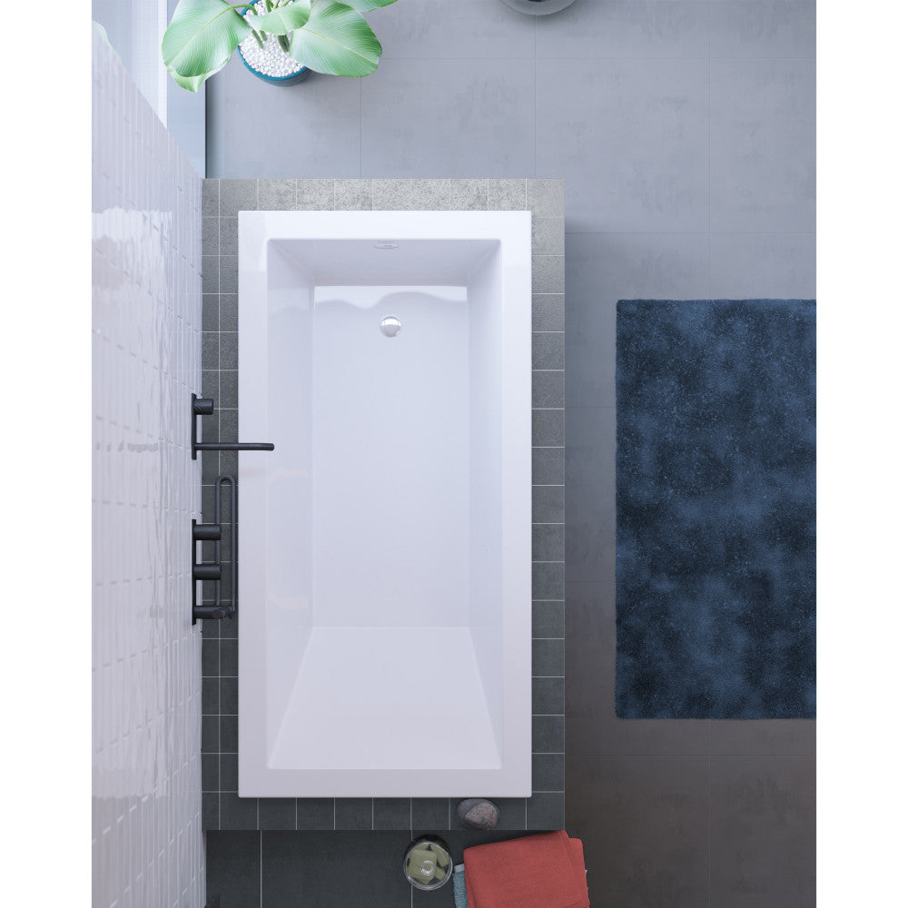Drop-in rectangular bathtub 48 x 32 inch, reversible drain, white acrylic.